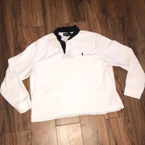 White polo with a black collar